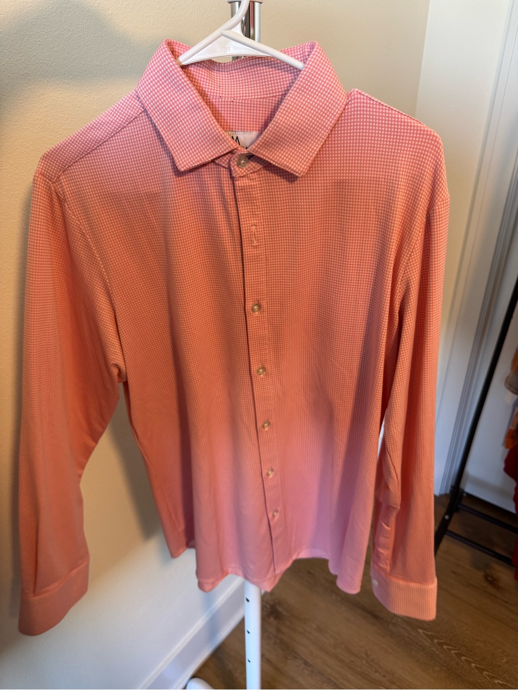 Mizzen Main Shirt Men Medium Pink Check Long Sleeve Trim Stretch Button Up